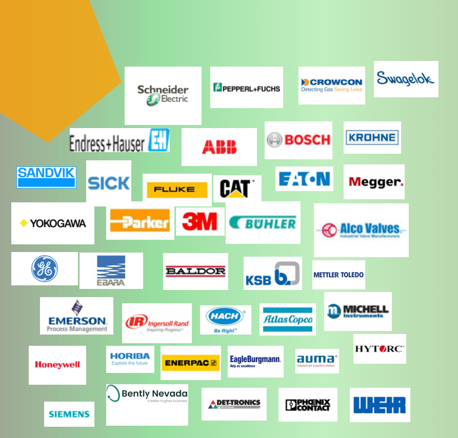 Brand partner collage including Schneider Electric, ABB, Siemens, Honeywell, Emerson and others